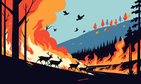 Forest fire with reindeer and flying birds. Vector illustration.のイラスト素材