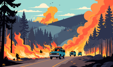 Forest fire in the mountains. Vector illustration in flat cartoon style.のイラスト素材