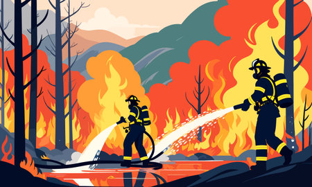 Firefighters extinguish a fire in the forest. Flat vector illustration.のイラスト素材