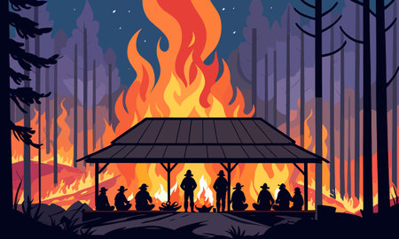 Camping in the forest. People and bonfire. Vector illustrationのイラスト素材
