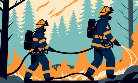Firefighters extinguish a fire in the forest. Flat vector illustration.のイラスト素材