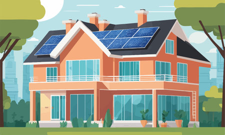 House with solar panels on roof. House with solar panels on roof. Vector illustrationのイラスト素材