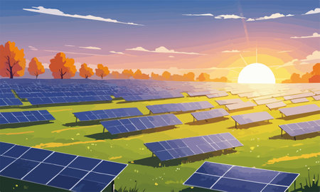 Solar panels in the field. Alternative energy source. Vector illustration.