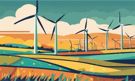 Wind turbines in the field. Renewable energy. Vector illustration.