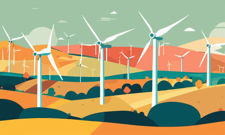 Wind turbines in the field. Renewable energy. Vector illustration.