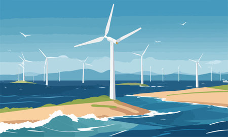 Wind turbines on the coast of the sea. Vector illustration in flat style