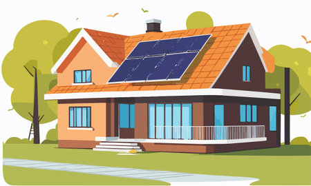House with solar panels on the roof. Vector illustration in flat styleのイラスト素材