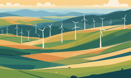 Wind turbines in the countryside. Vector illustration in flat cartoon style.のイラスト素材