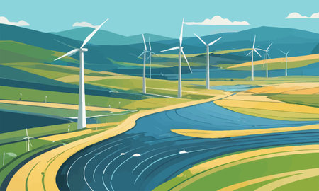 Wind turbines in the field. Renewable energy. Vector illustration.のイラスト素材