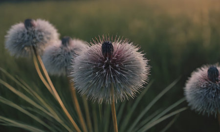 Fluffy dandelions in the meadow at sunset. Selective focus.の素材
