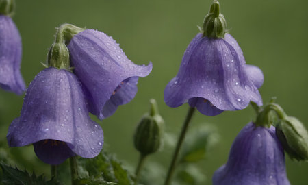 Campanula bellflowers with water drops on the petalsの素材