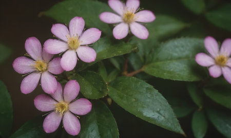 Pink flowers with water drops on the petals and green leaves.の素材