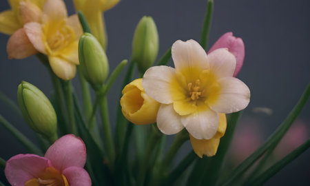 Bouquet of daffodils and tulips on a dark backgroundの素材