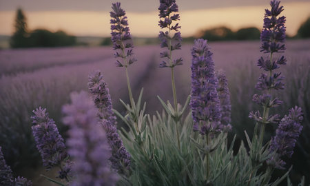 Lavender flowers at sunset in Provence, France.の素材