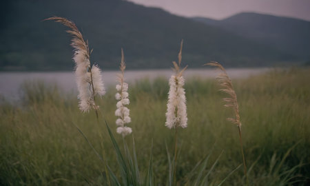 Pampas grass in a meadow with mountains in the backgroundの素材