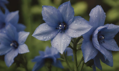 Beautiful blue flowers with water drops on petals in the gardenの素材