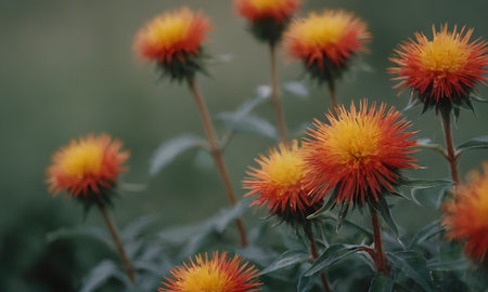Close up of red and yellow flowers on a green background in the gardenの素材