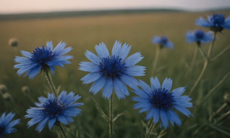 Beautiful blue cornflowers on a meadow at sunset.の素材