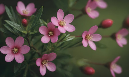 Pink flowers with blurred background, retro toned, vintage style.の素材