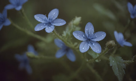 Blue flowers with drops of water on petals. Nature background.の素材