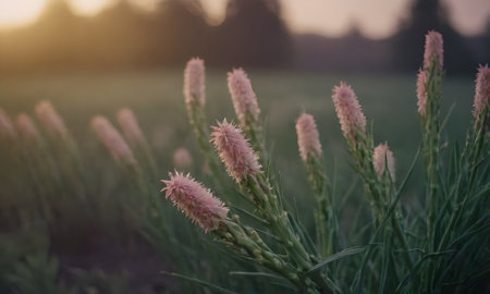 Close up of pink flowers of Liatris spicata in the field at sunsetの素材