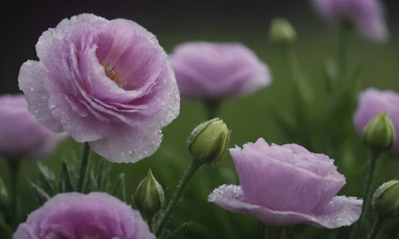 pink eustoma flowers with water drops on the petalsの素材