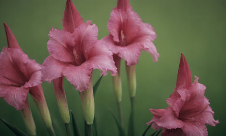 Beautiful pink gladiolus flowers on green background, close upの素材