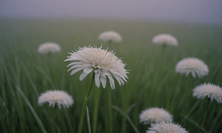 White dandelions on a green meadow in the morning.の素材