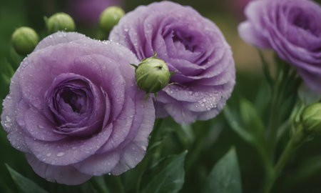 Beautiful purple eustoma flowers with water drops close-upの素材