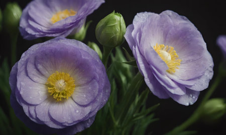 purple anemones on a black background close-up.の素材