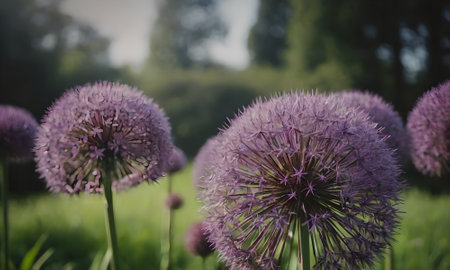 Purple Allium flowers in the garden. Blooming purple onions.の素材