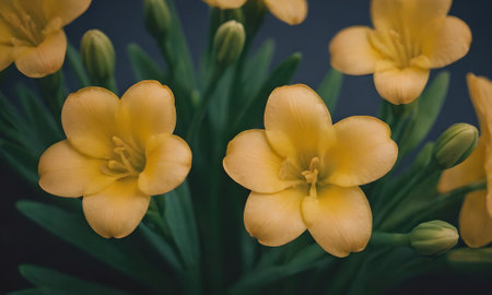 Beautiful yellow freesia flowers close-up on a dark backgroundの素材