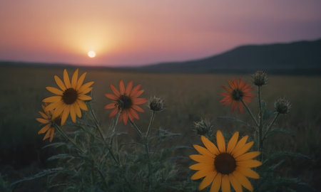 Sunset over a field of wildflowers in the summer.の素材