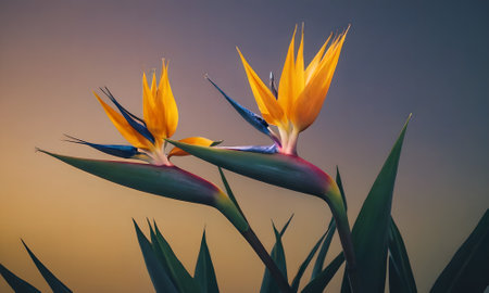 Bird of paradise flower in the garden at sunset. Beautiful tropical flower.の素材