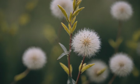 Close-up of white fluffy dandelions on blurred green backgroundの素材