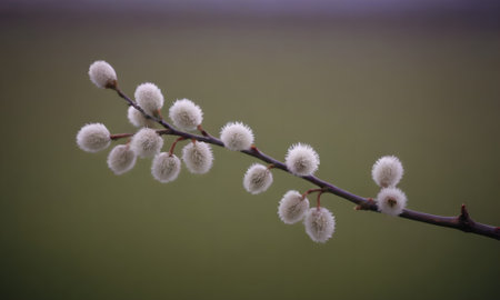 Pussy-willow branch with white fluffy buds on a green backgroundの素材