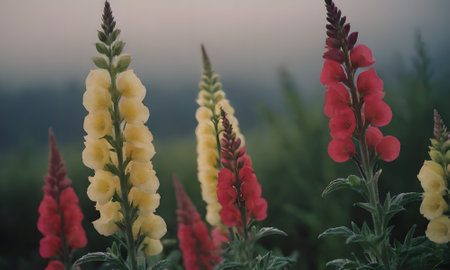Colorful red and yellow flowers in the meadow at sunset.の素材