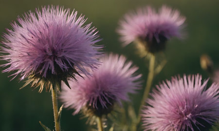 Close up of thistle flowers in the field with bokeh backgroundの素材