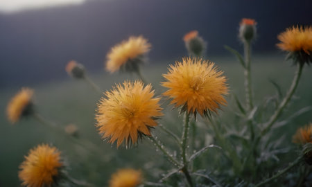 Beautiful meadow with yellow thistle flowers in the early morningの素材