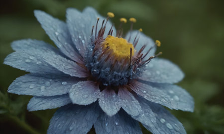 Blue flower with raindrops on the petals and stamensの素材