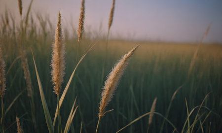 Beautiful grass flower in the field at sunrise. Nature background.の素材