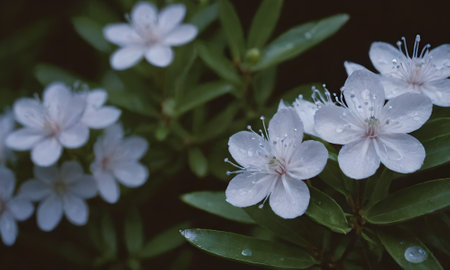 White rhododendron flowers with raindrops on green leavesの素材