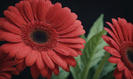 Red gerbera flowers on a black background. Shallow depth of field.の素材