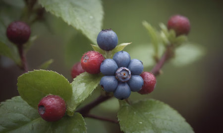 Ripe blueberries on a branch. Shallow depth of field.の素材