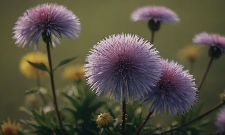 Purple flowers on a green background, close-up, selective focusの素材