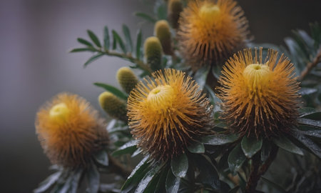 Yellow flowers on a tree in the forest in winter. Shallow depth of field.の素材