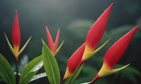 Red Heliconia flower in the garden with soft focus background.の素材