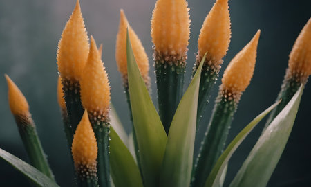 Close-up of yellow flowers in a pot on a dark backgroundの素材