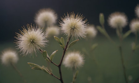 Flowering branch with white fluffy flowers on blurred background. Selective focus.の素材