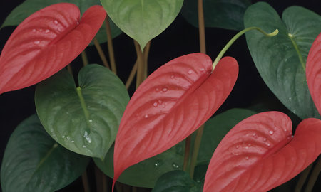 Red leaves of anthurium with water drops on black background.の素材